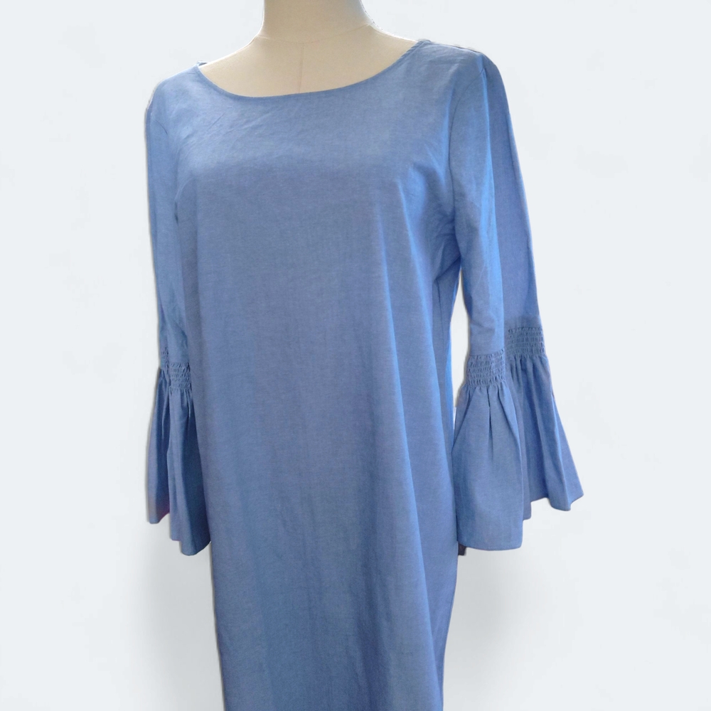Aqua Gray Sheath Dress with Bell Sleeves - Picture 3 of 8